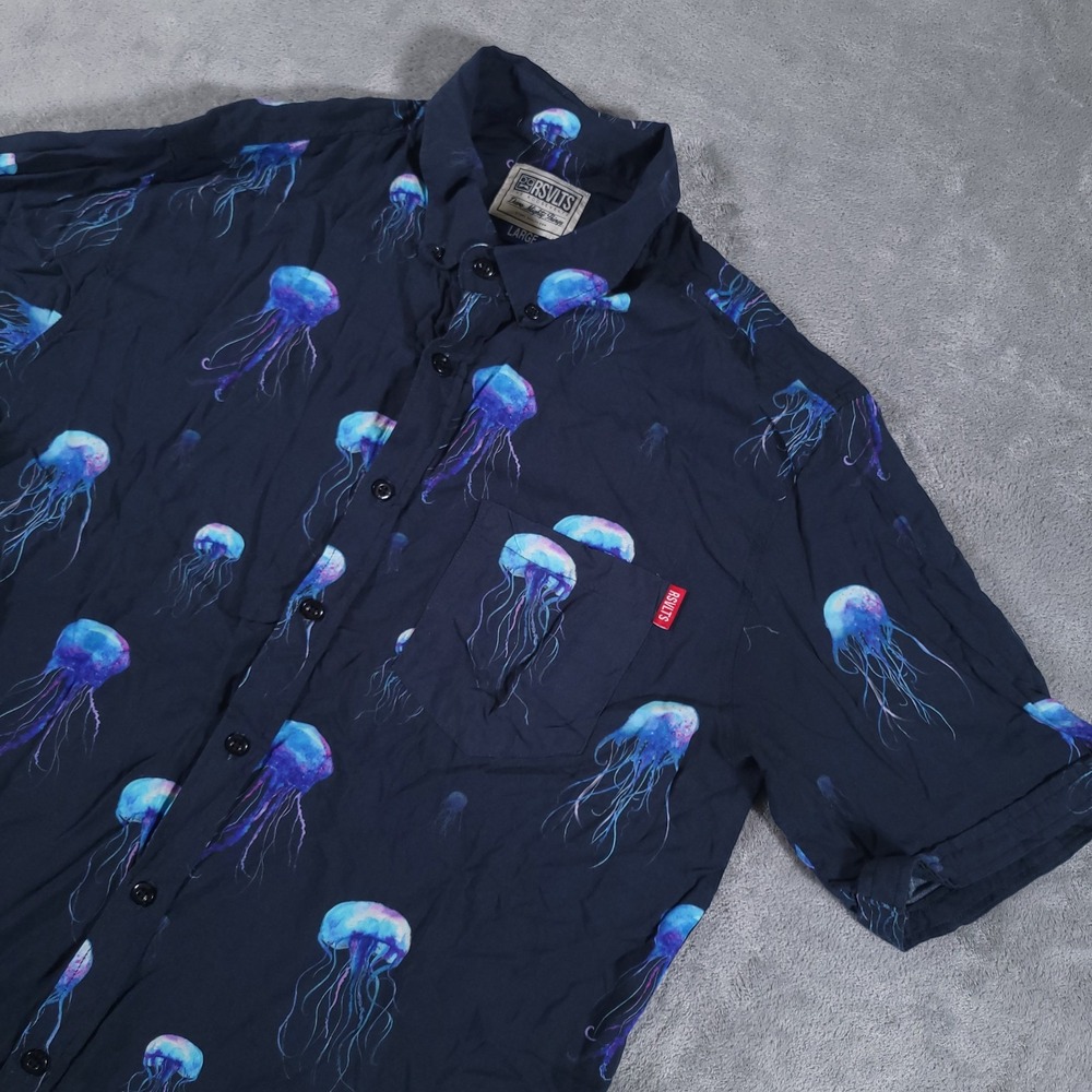 RSVLTS Shirt Mens Large Black Jellyfish Button Down Short Sleeve Original Issue